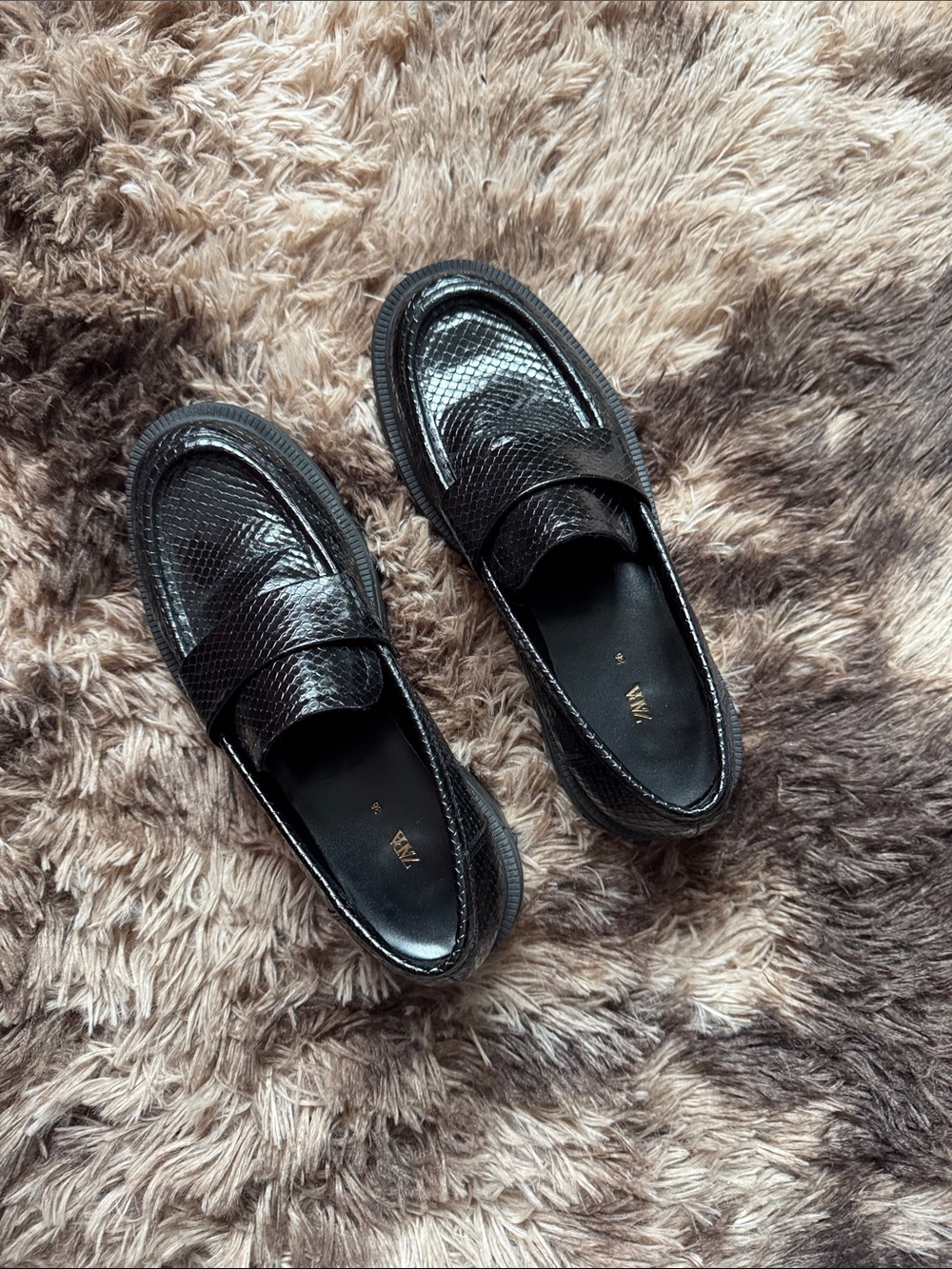 Zara Black Patent Textured Penny Loafers